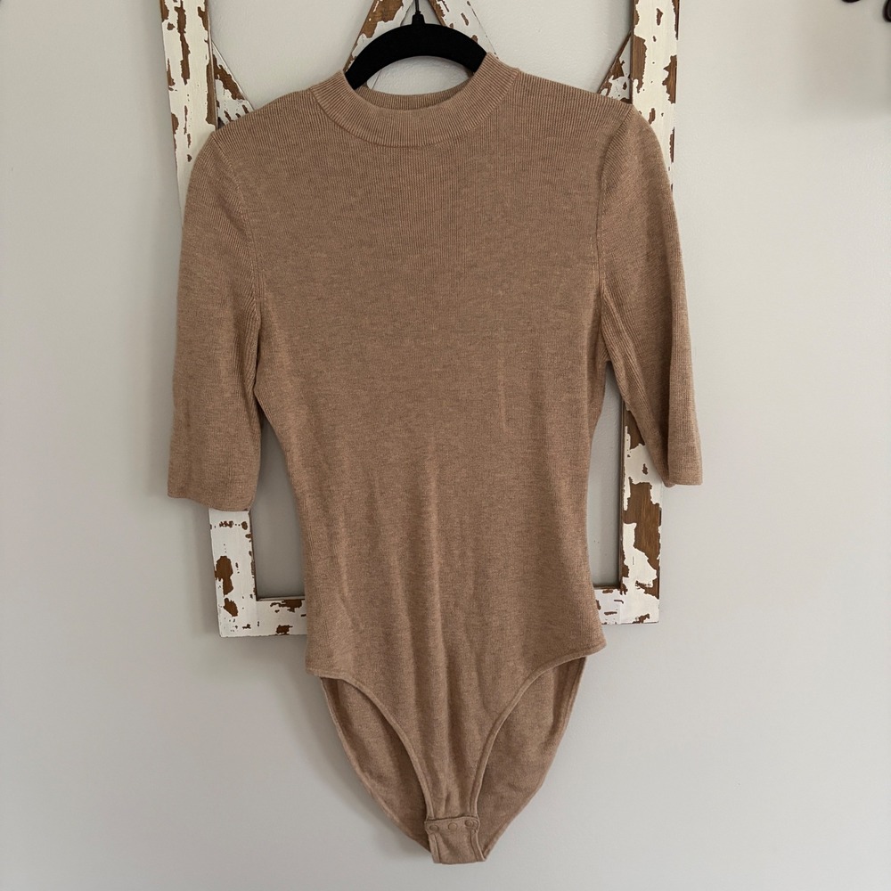 ADAY Merino Wool Blend Like A Glove Mock Neck Knit Bodysuit Taupe Size Medium